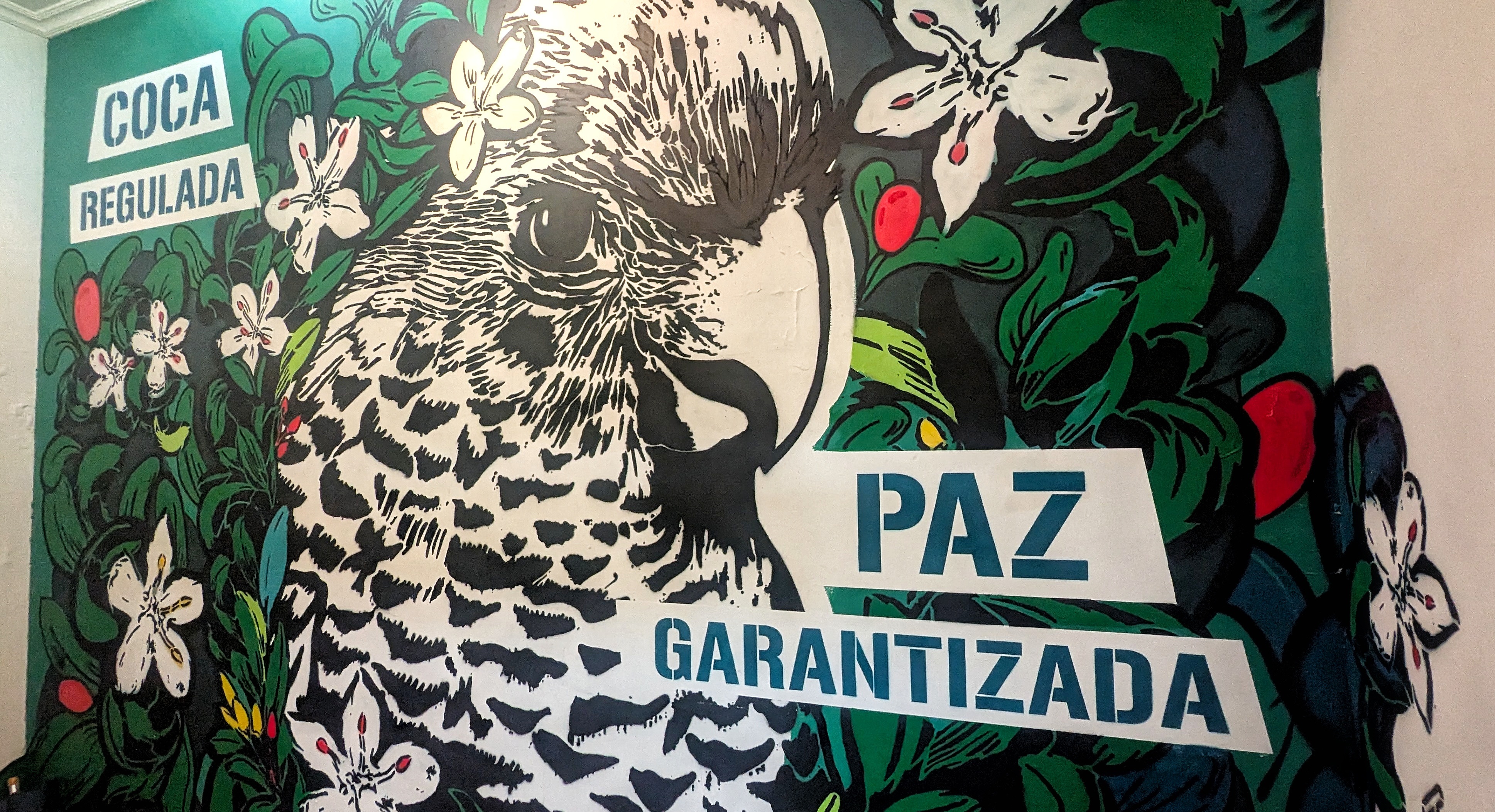 Art work at the Échele Cabeza house in Bogota - 'regulate coca/cocaine' 'guaranteed peace' - Peace gu