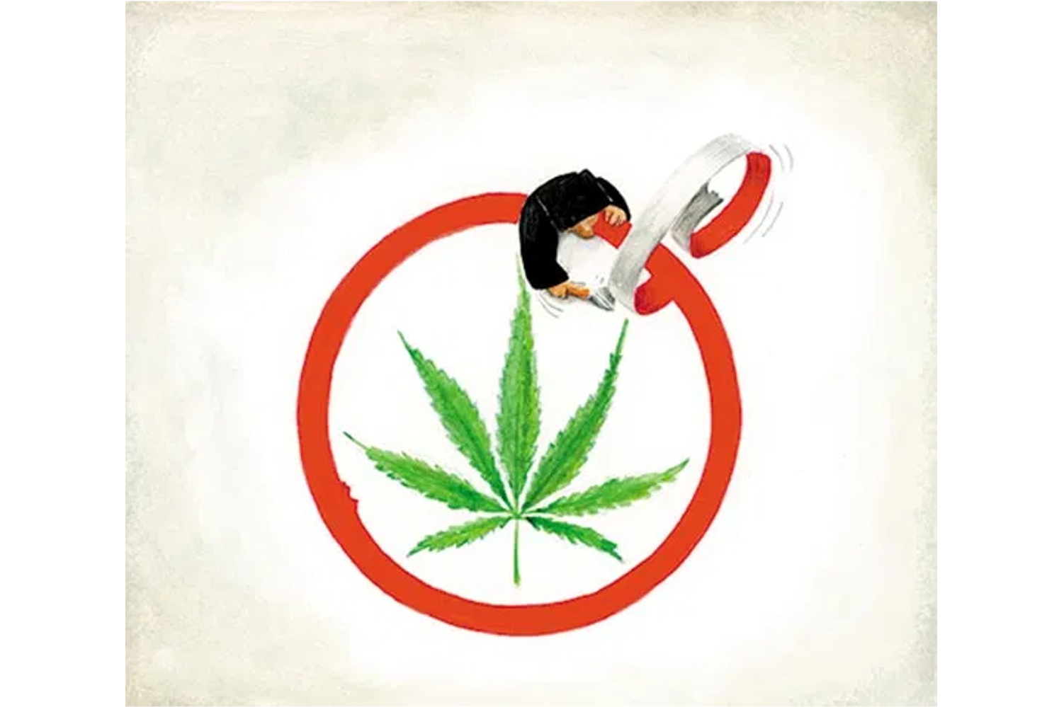 Cannabis leaf inside a red circle